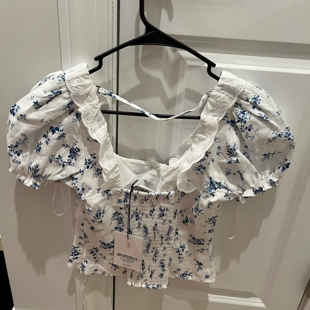 NWT REFORMATION Alice Romantic Floral-Print Puff-Sleeve Linen Blouse Orlaya 4